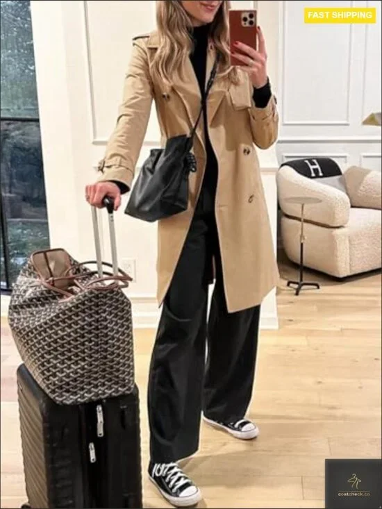 Classic Trench Coat Long Double Breasted Elegant Fall Overcoat with Belt - Picture 4 of 7